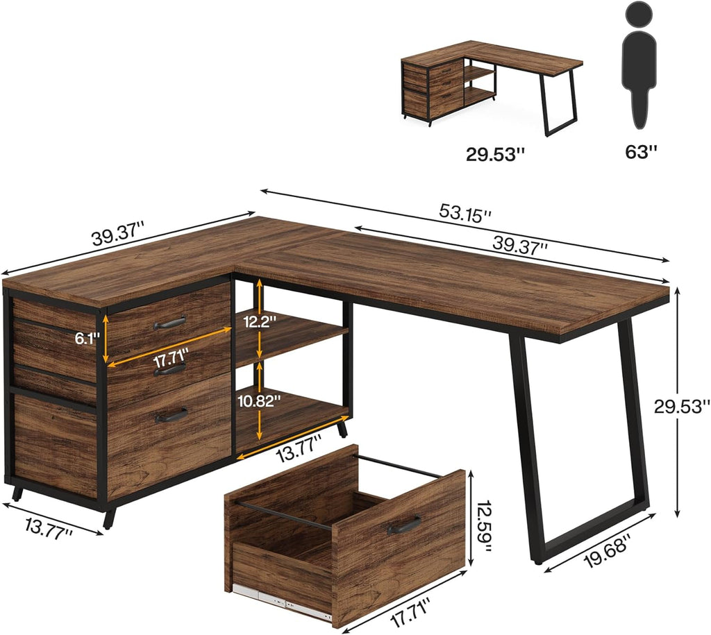 Tribesigns L-Shaped Computer Desk with 3 Drawers, Reversible Corner Home Office Desk with Shelves, 53-Inch Industrial PC Desk Study Writing Table Workstation for Small Space, Rustic Brown