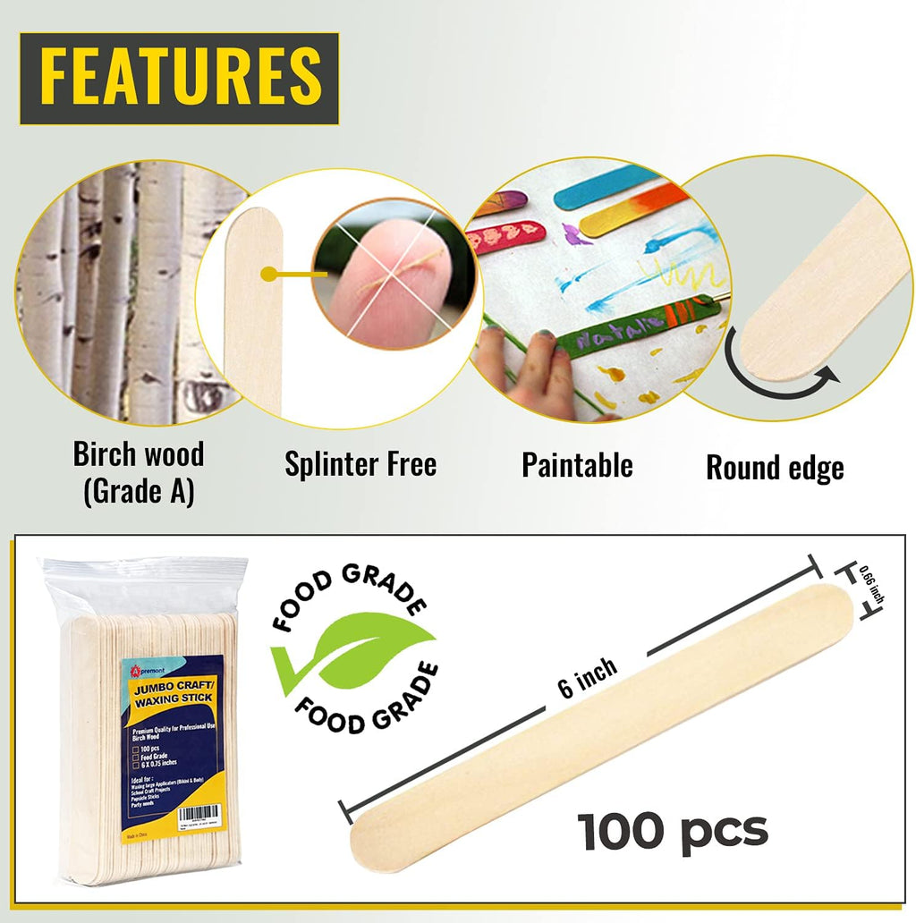 100 Piece Large Jumbo Wooden Craft Sticks (6" x 3/4"), Premium Natural Organic Wood for Waxing, Craft Project, Tongue Depressor, Popsicle, Ice Cream Stick,Woodcraft, Paint Stirrer and Art - Apremont