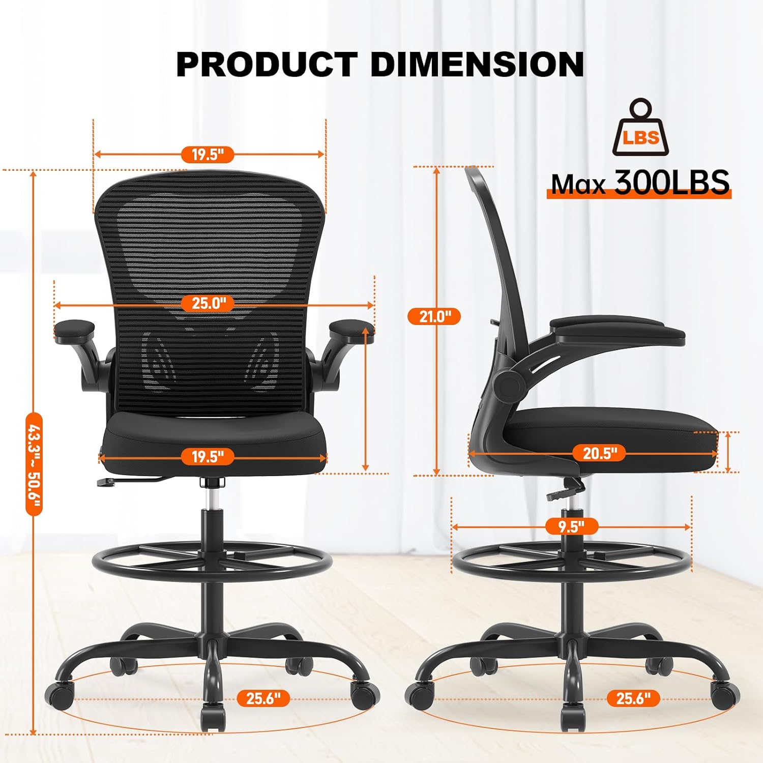 Ergonomic Drafting Chair, Tall Office Chair with Flip-up Armrests, Breathable Mesh High Desk Chair with Lumbar Support Adjustable Footrest Ring for Standing Desk Black