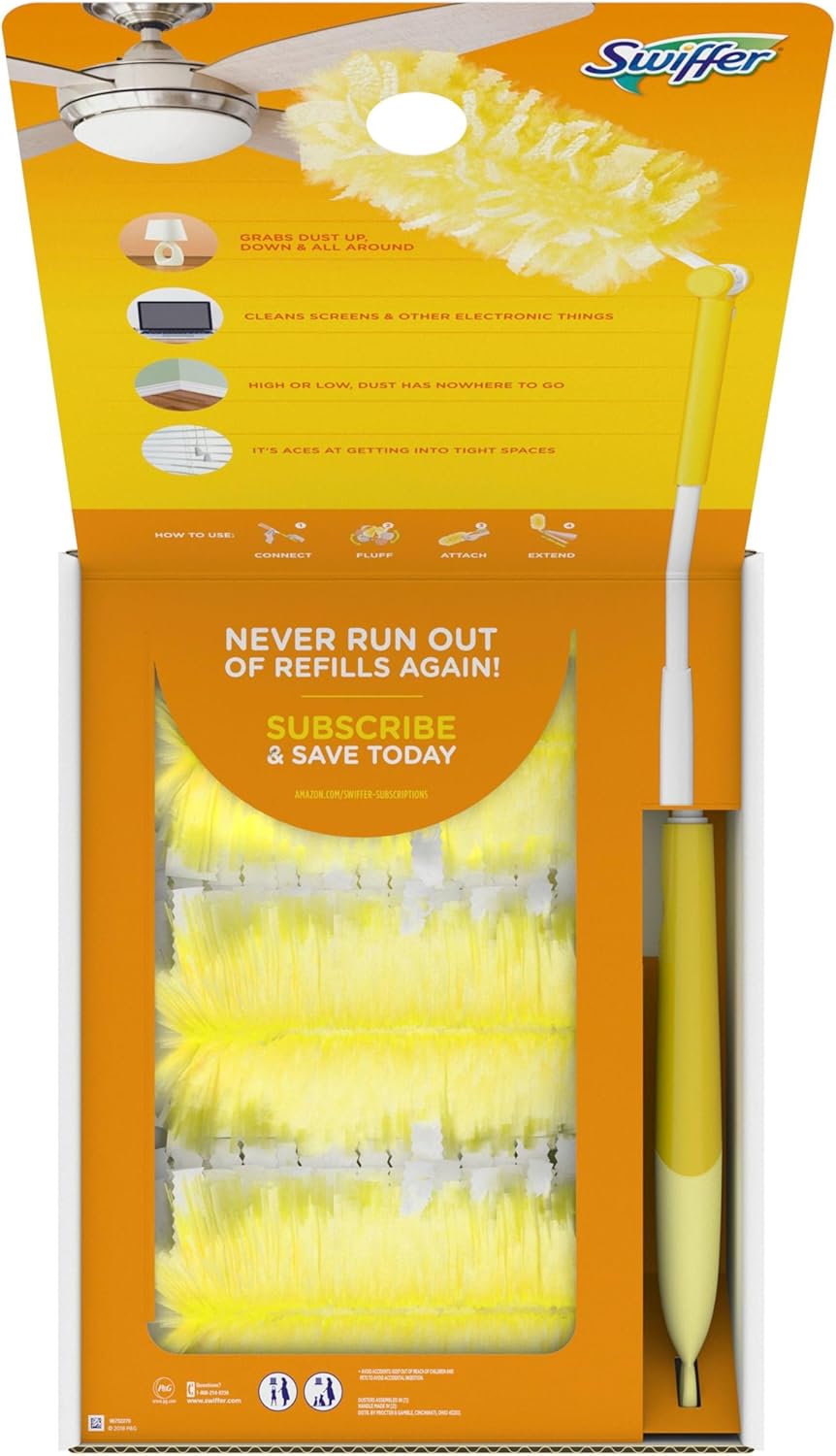 Swiffer Duster Heavy Duty Dusting Kit, Cleaning Supplies, 3 ft Extended Handle, 1 Duster, 12 Refills