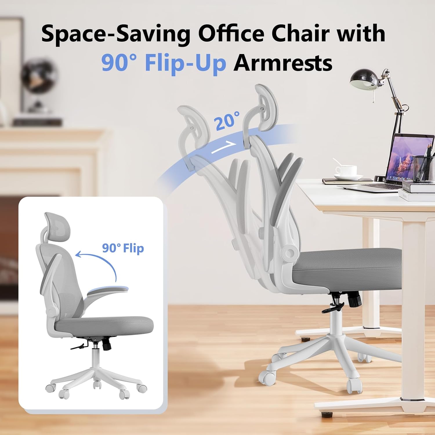 Ergonomic Office Chair M903, Computer Desk Chair with Wheels, High Back Mesh Office Chair with Adjustable Lumbar Support, Headrest, Flip-Up Armrests, Withe Grey