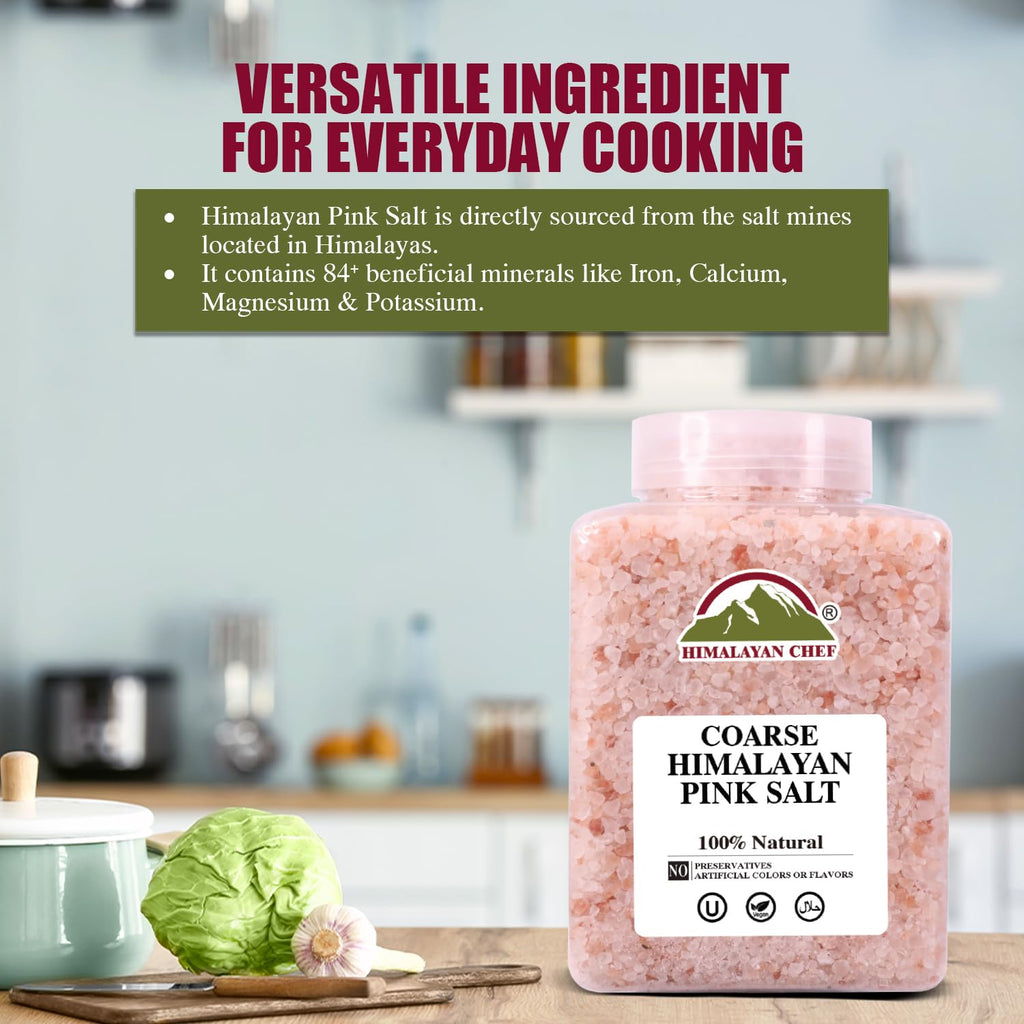 Himalayan Chef Pink Himalayan Salt Coarse Grain, 5 lbs Plastic Jar - Pure, Natural, Kosher, Mineral-Rich, Ideal for Grinder Refills, Cooking, Seasoning