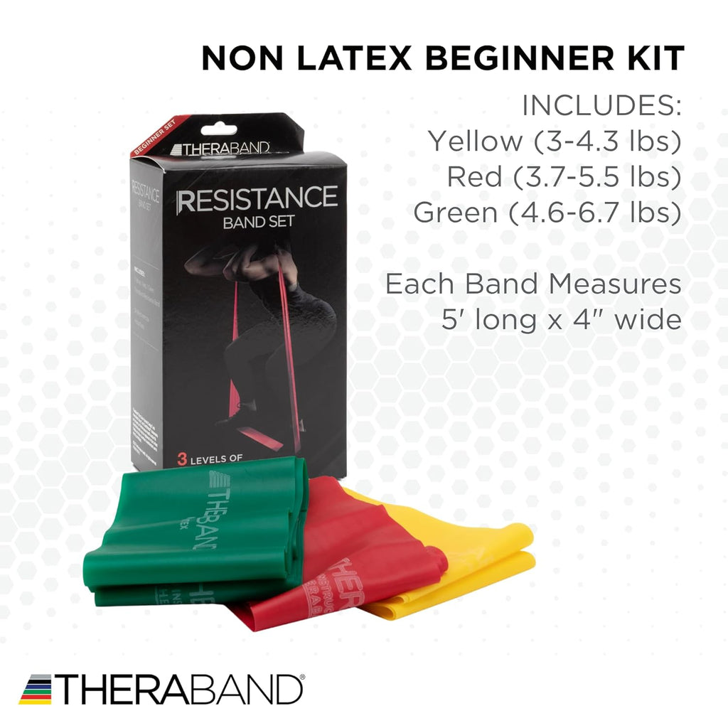 THERABAND Resistance Bands Set, Beginner Kit, Yellow, Red, Green, Non-Latex Elastic Bands for Exercise & Physical Therapy, Strength Training Bands for Upper & Lower Body Fitness
