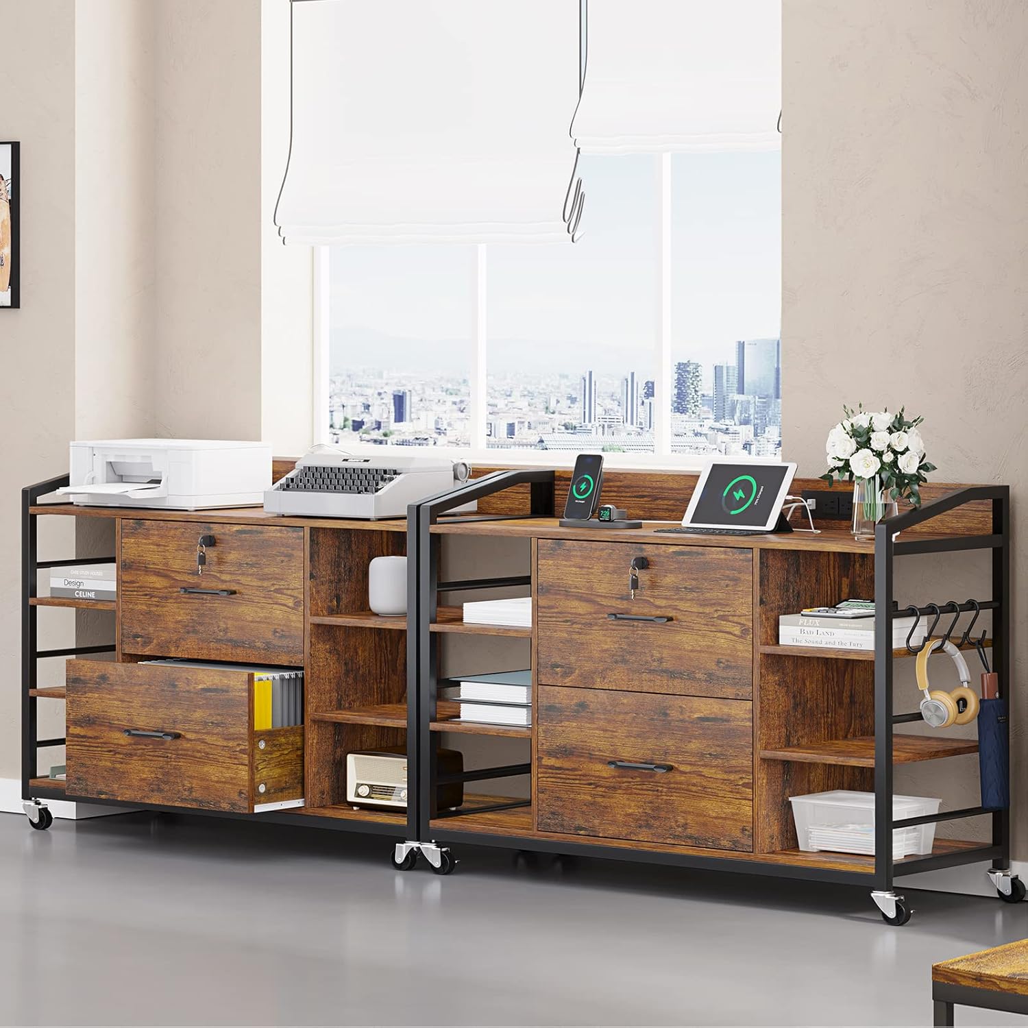SEDETA 44" File Cabinet, Filing Cabinet fits Legal/Letter Size, 2 Drawer File Cabinets for Home Office with Lock, Power Strip, 6 Storage Shelves, Rustic Brown