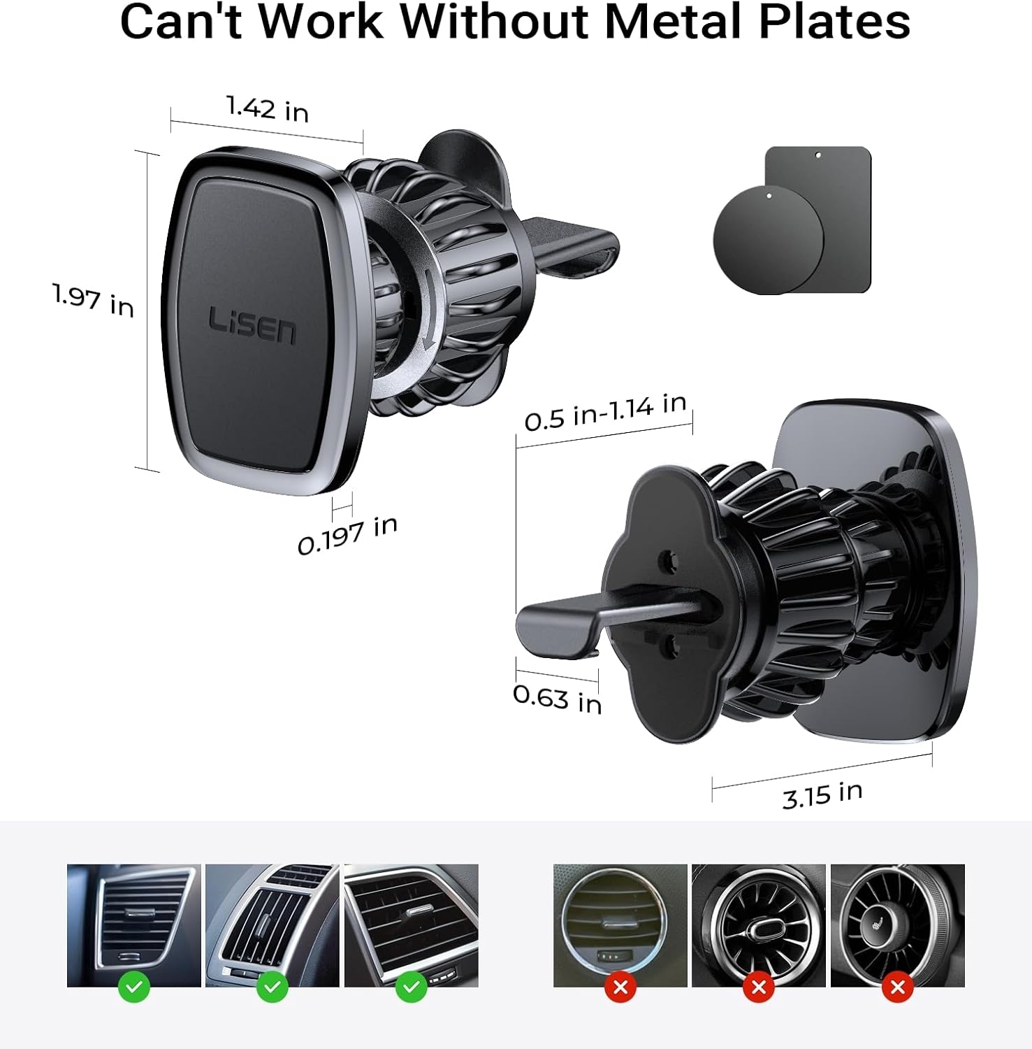 LISEN 2 Pack Magnetic Phone Holder for Your Car Magnet for Phone Car Mount Vent 6 Military Magnets Vent Cell Phone Holder Mount for Car Plate Fit All iPhone 17/16/15/14/13 Pro Max Plus Samsung S25