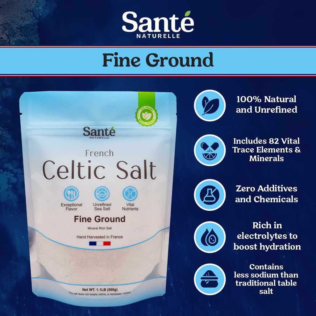 Sante Naturelle Celtic Salt Organic Fine Ground - 1.1lb (18oz) Unrefined French Mineral Sea Salt Organic, Rich in 82+ Minerals, 100% Natural & Hand Harvested Sal Celtica