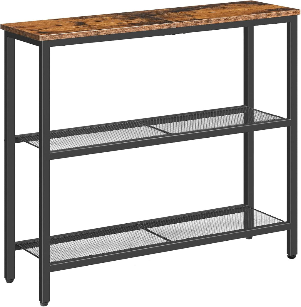 HOOBRO 29.5" Narrow Console Table, 3-Tier Entryway Table, Thin Sofa Table with Shelves, Side Table, Display Table, for Hallway, Entrance, Living Room, Bedroom, Rustic Brown and Black BF73XG01