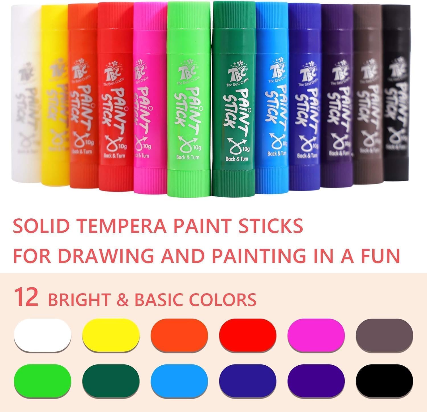 TBC The Best Crafts Paint Sticks,12 Classic Colors, Washable, Non-toxic, Tempera Paint Sticks for Kids and Students