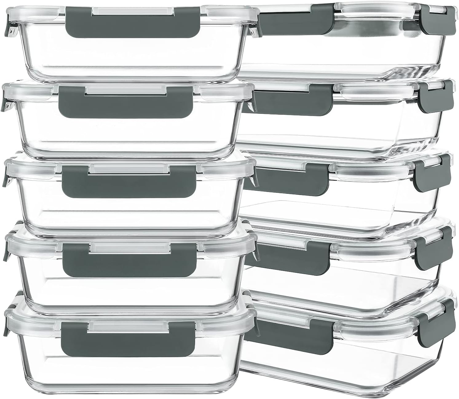 10 Packs 30 oz Glass Meal Prep Containers,Glass Food Storage Containers with Lids,Airtight Lunch Bento Boxes,Microwave,Freezer and Dishwasher,Gray