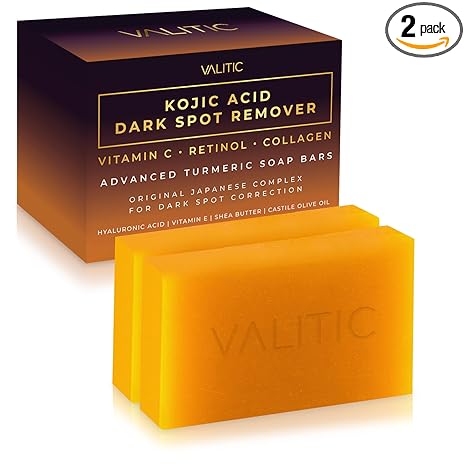 VALITIC Kojic Acid Dark Spot Remover Soap Bars with Vitamin C, Retinol, Collagen, Turmeric - Original Japanese Complex Infused with Hyaluronic Acid, Vitamin E, Shea Butter, Castile Olive Oil (2 Pack)
