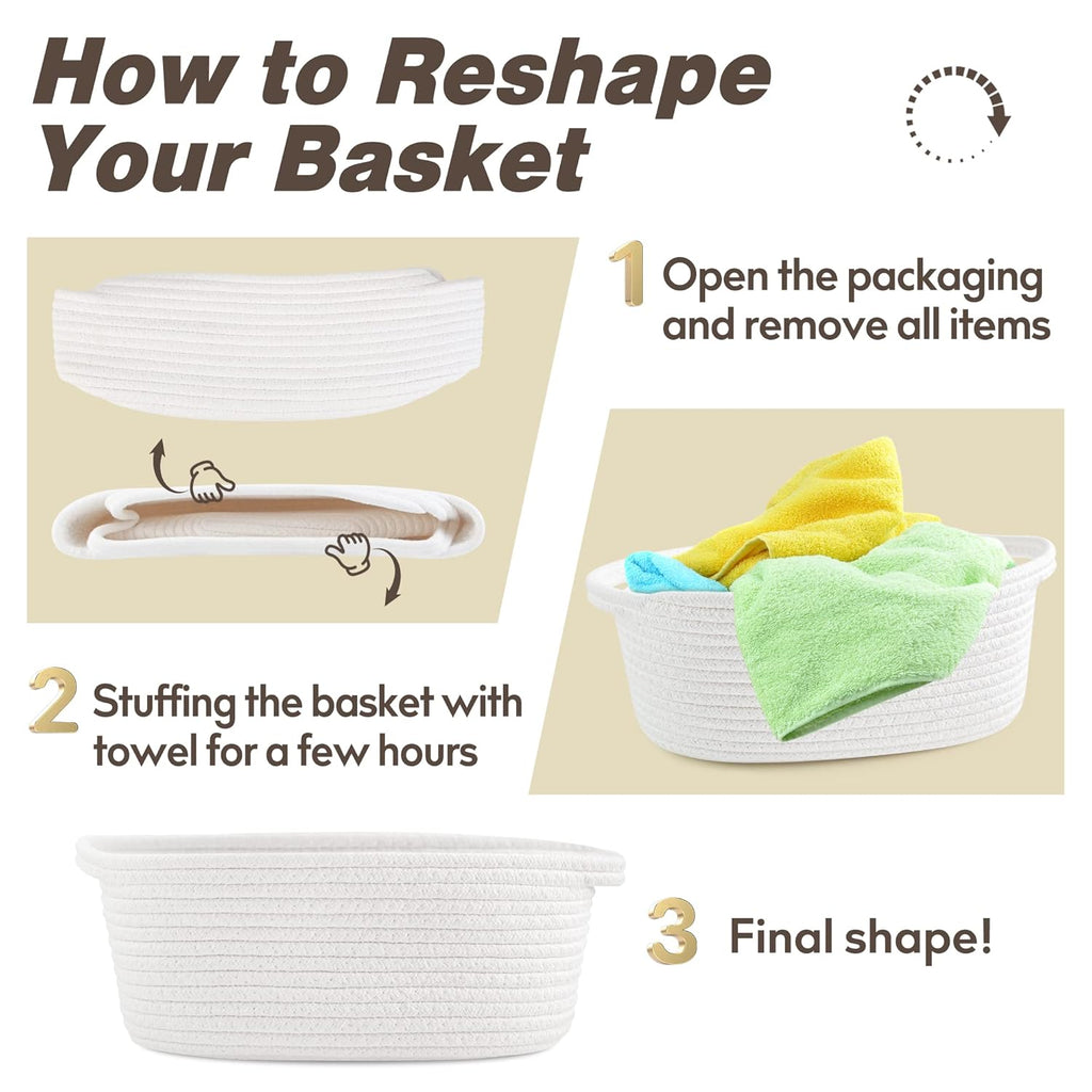 Pro Goleem Small Woven Burr Basket with Gift Bags and Ribbons Durable Baskets for Gifts Empty Small Rope Basket for Storage 12"X 8" X 5" Baby Toy Baskets with Handles, White