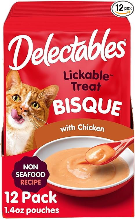 Delectables Lickable Treat Bisque Non-Seafood Wet Cat Treat with Real Chicken, Food Topper, Hydrating, Grain-Free, No Fillers, By-Products, Added Preservatives, 1.4oz Pouch, 12ct
