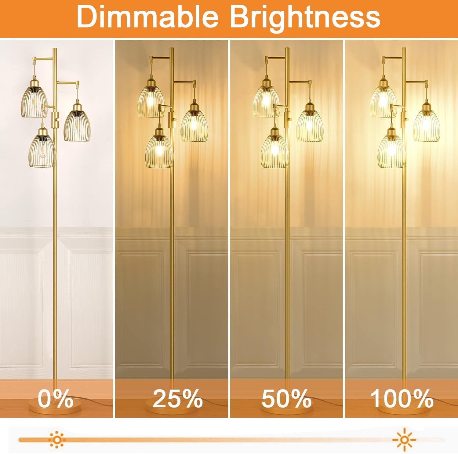 Dimmable Floor Lamp, Industrial Floor Lamps for Living Room, Gold Tree Lamp Standing Lamp Tall Lamps with 3 Elegant Teardrop Cage Head & 800 Lumens LED Bulbs for Living Room Bedroom Office