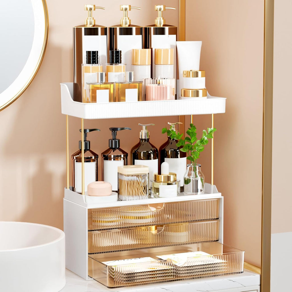 3 Drawers Makeup Organizer - 5 Tier Bathroom Counter Organizers and Storage, Versatile Perfume Vanity Organizer, Ideal for Cosmetic, Large Skincare, Face Mask, Office Supplies, Amber