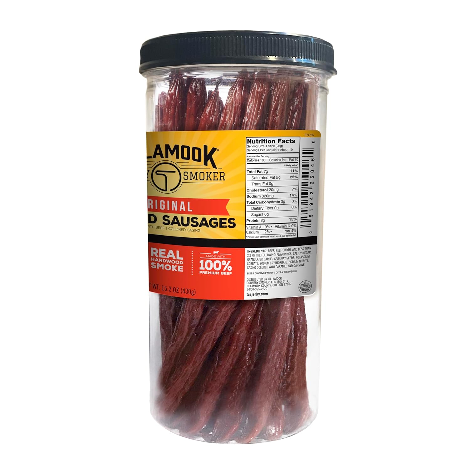 Tillamook Country Smoker Real Hardwood Smoked Sausages, Original Beef, 15.2 Ounce Tall Jar, 20 Count