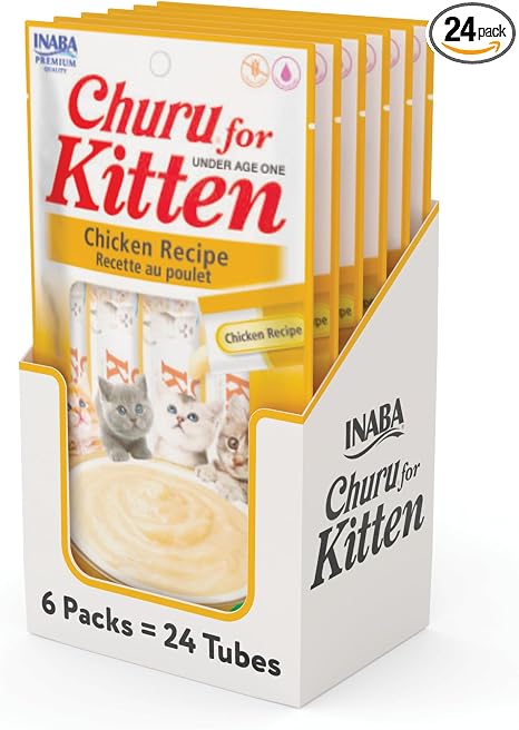 INABA Churu for Kittens, Creamy, Purée Lickable Cat Treats with DHA, EPA, Vitamin E & Taurine, 0.5 Ounces Each, 24 Tubes (4 per Pack), Chicken Recipe
