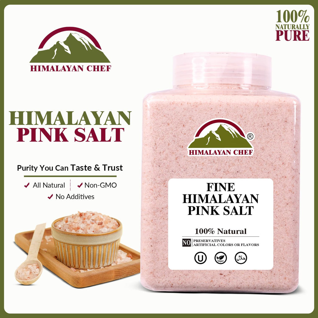 Himalayan Chef Pink Himalayan Salt Fine Grain, 5 lbs Plastic Jar - Pure, Natural, Kosher, Non-GMO, Mineral-Rich, for Cooking, Seasoning, Baking, Table Use
