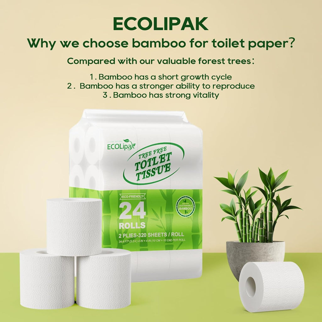 ECOLipak Bamboo Toilet Paper, Septic Safe Toilet Tissue, 24 Double Rolls, 320 Sheets Per Roll, Tree Free, Non Toxic, 2 Ply, Soft and Absorbent, Eco Friendly Dye-Free Paper
