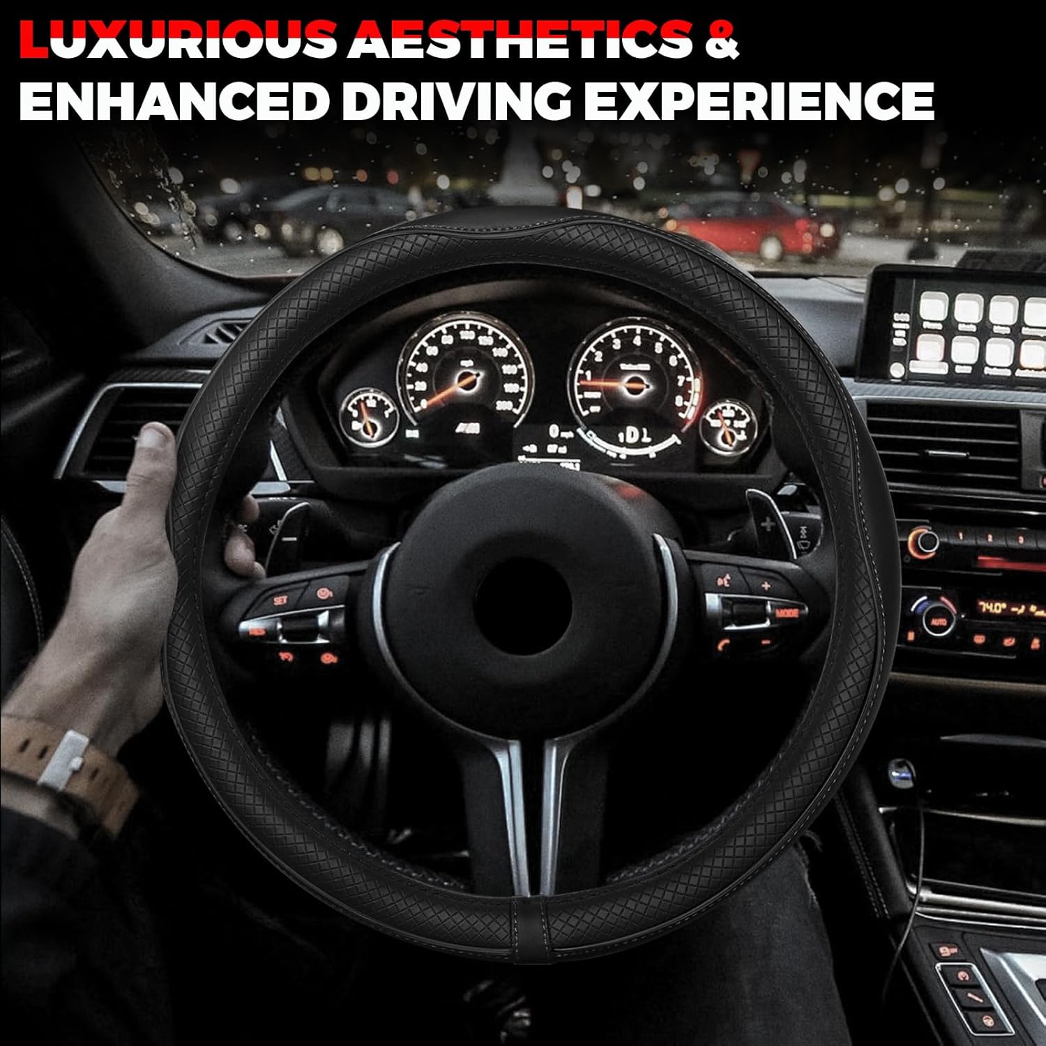 Ouzorp Car Steering Wheel Cover, Microfiber Leather Steering Wheel Covers with Anti-Slip Lining, Universal 14.5-15 inchs Black