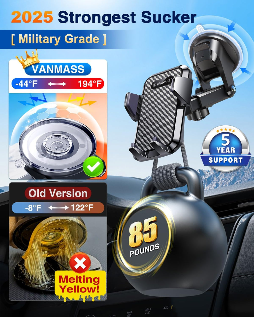 VANMASS 85+LBS Strongest Suction & Military-Grade 2025 Ultimate Car Phone Mount Patent & Safety Certs Cell Phone Holder Truck Stand for Dashboard Windshield Vent for iPhone 17 Pro Max 16 15 Samsung