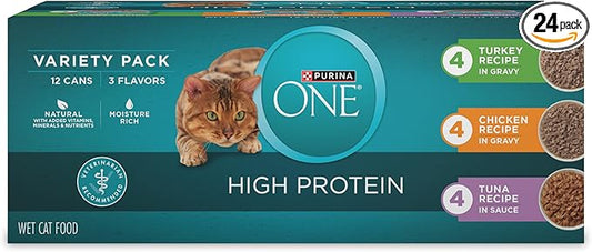 Purina ONE Natural, High Protein Cat Food Variety Pack, Turkey, Chicken and Tuna Recipes - (2 Packs of 12) 3 oz. Cans
