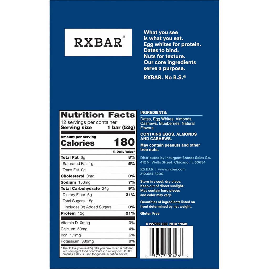RXBAR Protein Bars, Protein Snack, Snack Bars, Blueberry, 22oz Box (12 Count)