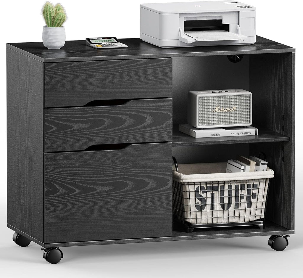 DUMOS Lateral File Cabinet with 3 Drawers Rolling Filing Cabinets Under Desk Storage Printer Stand Wood Organizer with Wheels Adjustable Shelf for Office Home Small Space, Black