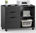 DUMOS Lateral File Cabinet with 3 Drawers Rolling Filing Cabinets Under Desk Storage Printer Stand Wood Organizer with Wheels Adjustable Shelf for Office Home Small Space, Black