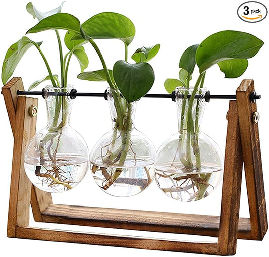 XXXFLOWER Plant Terrarium with Wooden Stand, Air Planter Bulb Glass Vase Metal Swivel Holder Retro Tabletop for Hydroponics Home Garden Office Decoration - 3 Bulb Vase