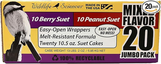 Wildlife Sciences Suet Cake Jumbo Mixed 20 Pack | 10 Peanut & 10 Berry 10.5 oz. Suet Cakes for Wild Birds