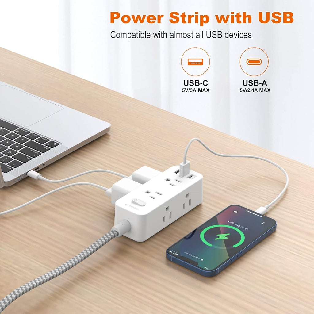 Power Strip Surge Protector, BESHON 5Ft Extension Cord, 6 Outlets with 4 USB Ports (2 USB C Outlet), 3-Side Outlet Extender, Wall Mount, Compact for Travel, Home, School, College Dorm Room and Office
