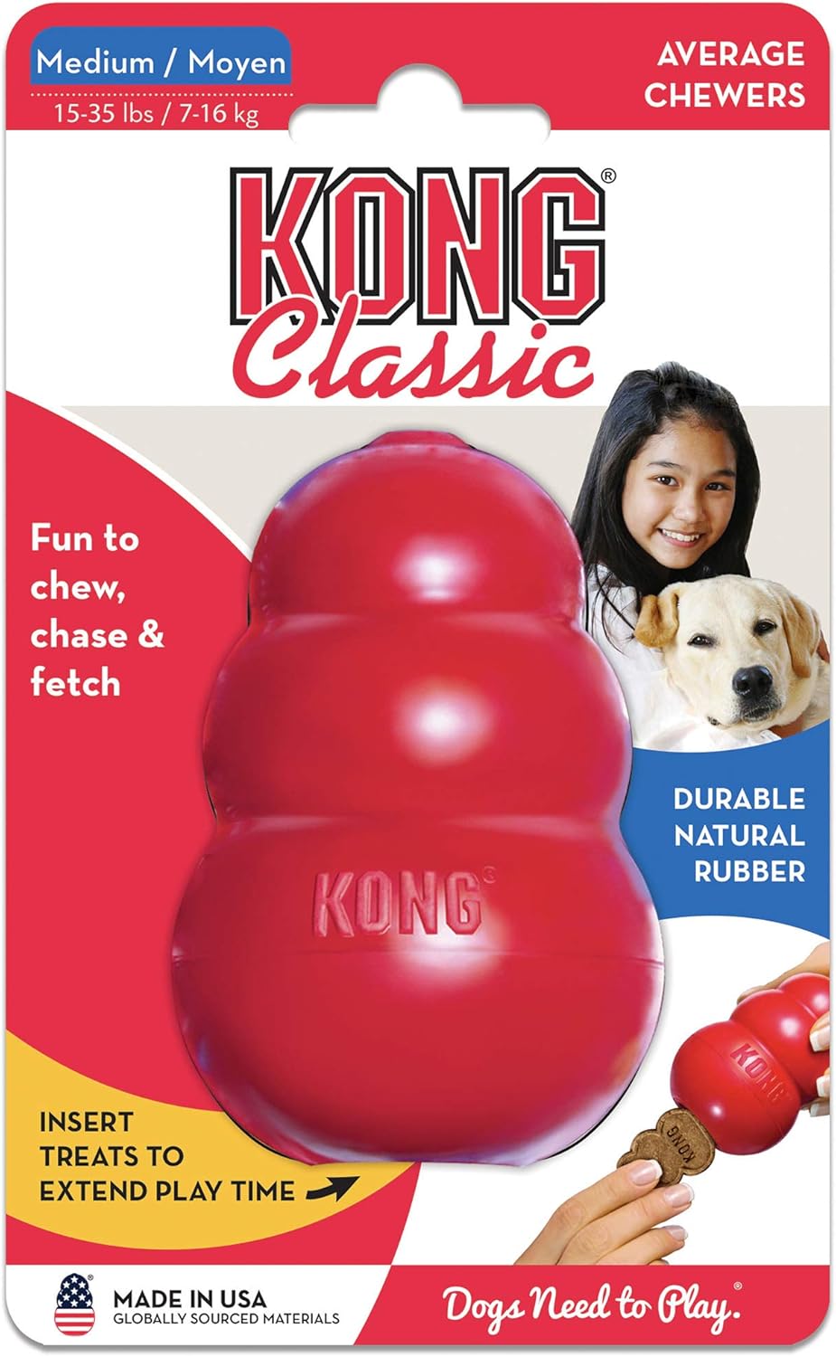 KONG Classic Stuffable Dog Toy - Fetch & Chew Toy for Dogs - Treat-Filling Capabilities & Erratic Bounce for Extended Play Time - Durable Natural Rubber Material - for Medium Dogs