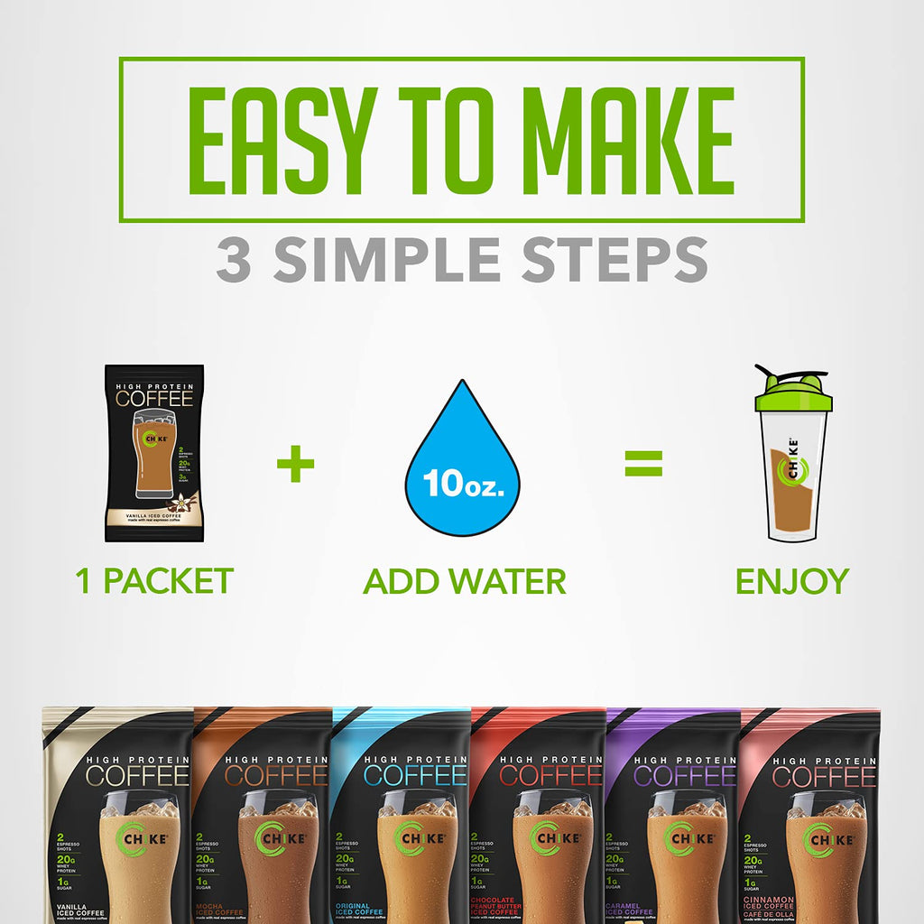 Chike High Protein Iced Coffee Sampler Pack, 20 G Protein, 2 Shots Espresso, 1 G Sugar, Keto Friendly and Gluten Free, 6 Single Serve Packets (packaging may vary)