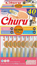 INABA Salmon Churu Cat Treats, Lickable, Squeezable Creamy Purée Cat Treat with Green Tea Extract & Taurine, 0.5 Ounces Each Tube, 40 Tubes, Salmon Variety Box