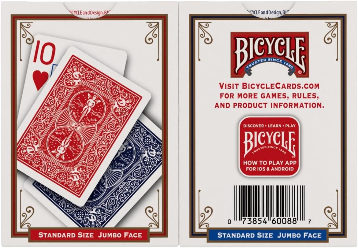 Bicycle Jumbo Index Playing Cards , 2 Pack Large Print Poker Size Deck of Cards for Easy Reading, Family Card Games, and Casino Play