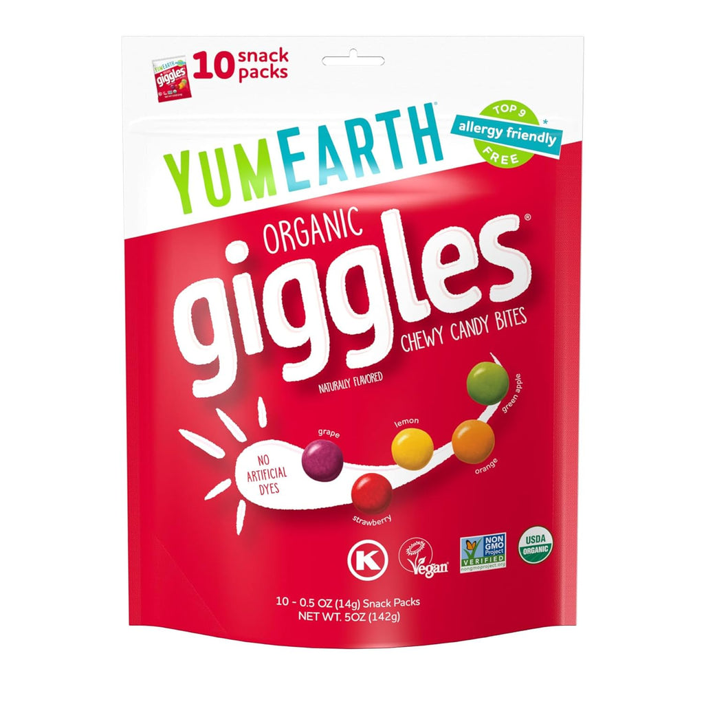 YumEarth Organic Giggles Chewy Candy - Allergy Friendly (Top 9 Free), No Artificial Dyes, Non GMO, Gluten Free, Vegan - Individually Wrapped Fruity Snack Packs - 0.5 Ounce (Pack of 10)