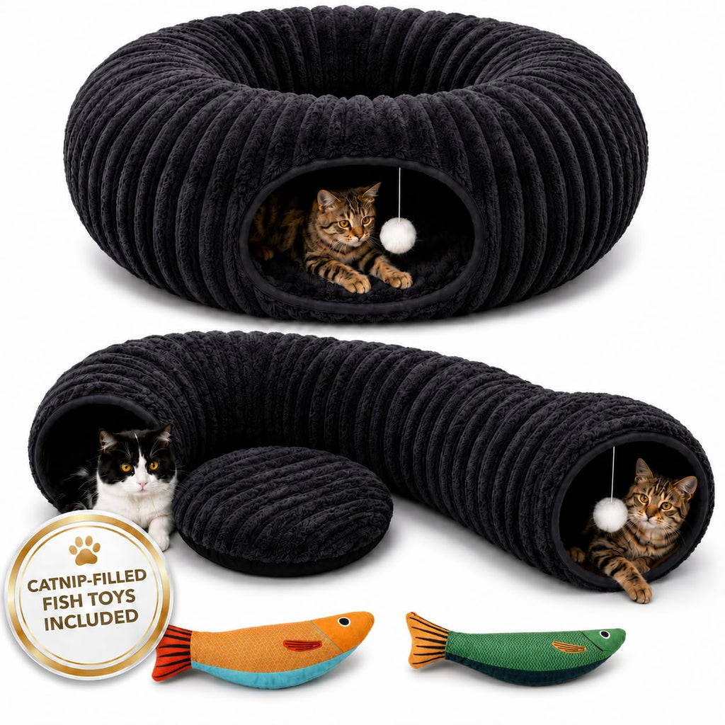 Cat Tunnel Bed with 2 Catnip Fish Toys (1000mg Natural Catnip) Interactive Cat Toys, Cat Tubewith Kitten Toys for Indoor Kittens, Collapsible Play Tunnel, Dark Grey