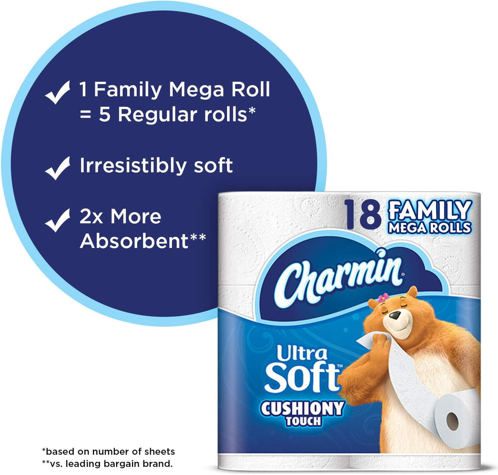 Charmin Ultra Soft Cushiony Touch Toilet Paper, 18 Family Mega Rolls = 90 Regular Rolls