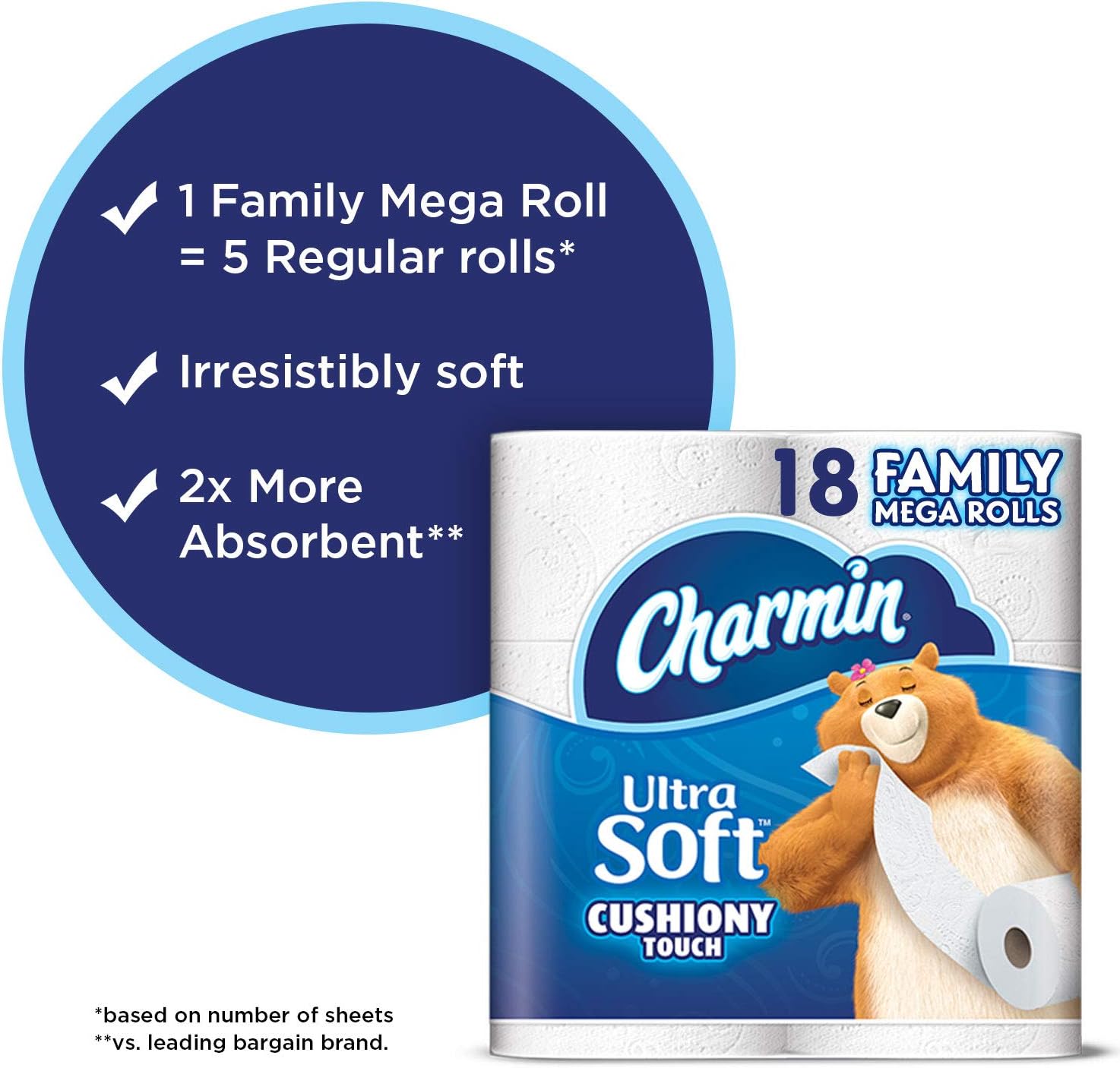 Charmin Ultra Soft Cushiony Touch Toilet Paper, 18 Family Mega Rolls = 90 Regular Rolls