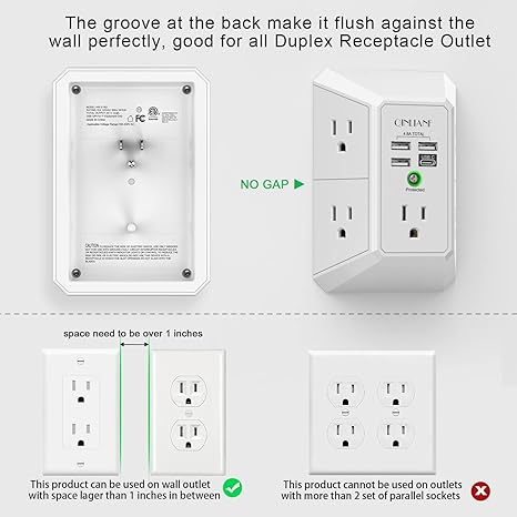 USB Wall Charger, Surge Protector, QINLIANF 5 Outlet Extender with 4 USB Charging Ports (4.8A Total) 3-Sided 1680J Power Strip Multi Plug Outlets Wall Adapter Spaced for Home Travel Office(2U2C),White