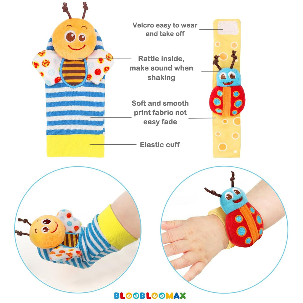 Bloobloomax Wrist Rattle Socks and Foot Finder Set, Infant Girl Boy Toys for Babies 0-36 Months, Newborn Hand & Foot Toys for 0 to 3 Years, Baby Shower Gifts Set (Red Gift Box)