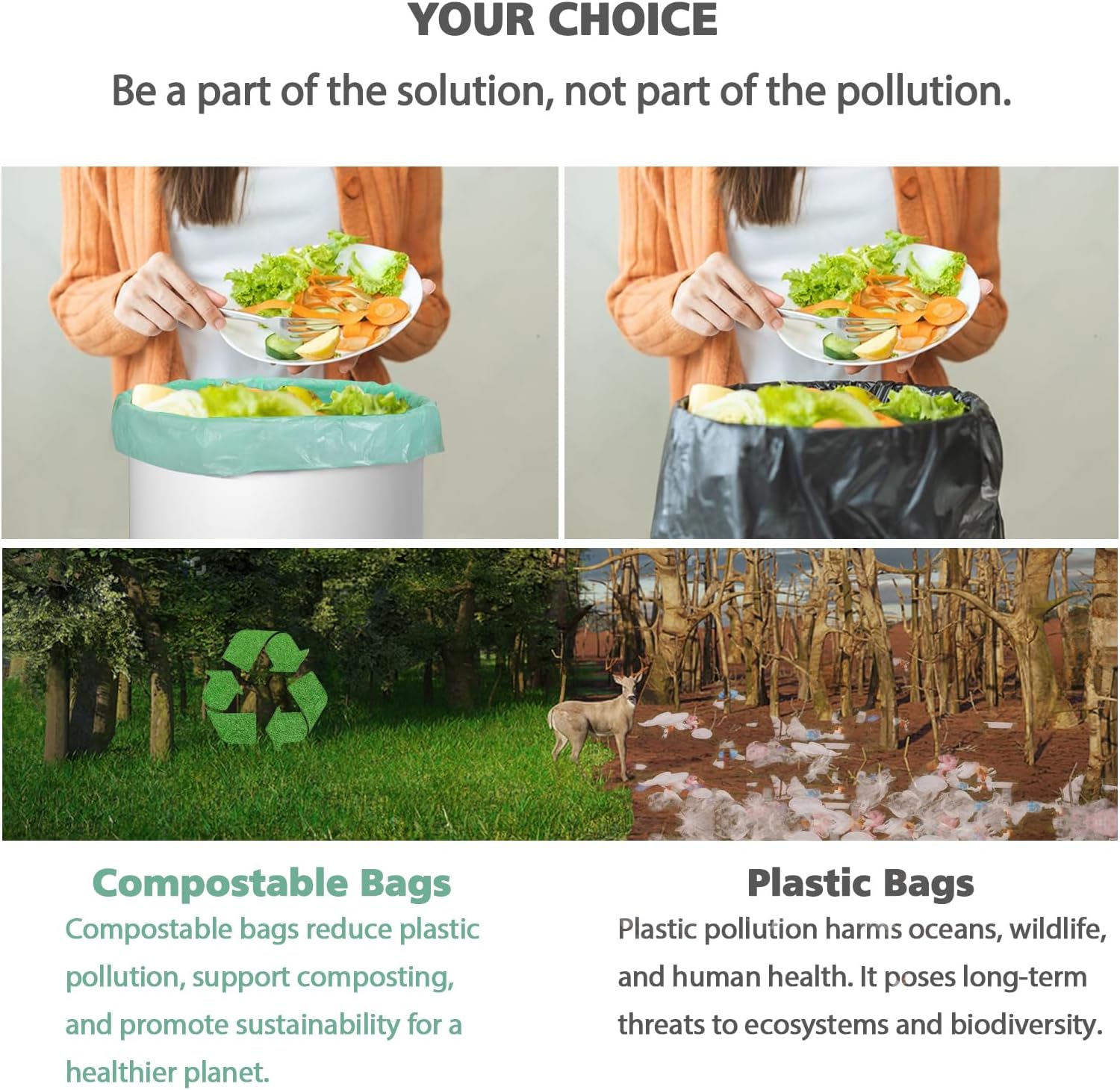 Compostable Trash Garbage bags,AYOTEE 13-15 Gallon Tall Kitchen Trash Bags,Heavy Duty Unscented 1.18Mils 55 Liter,60 Count,Strong Thicken Rubbish Waste Can Liners for Kitchen Garden Home