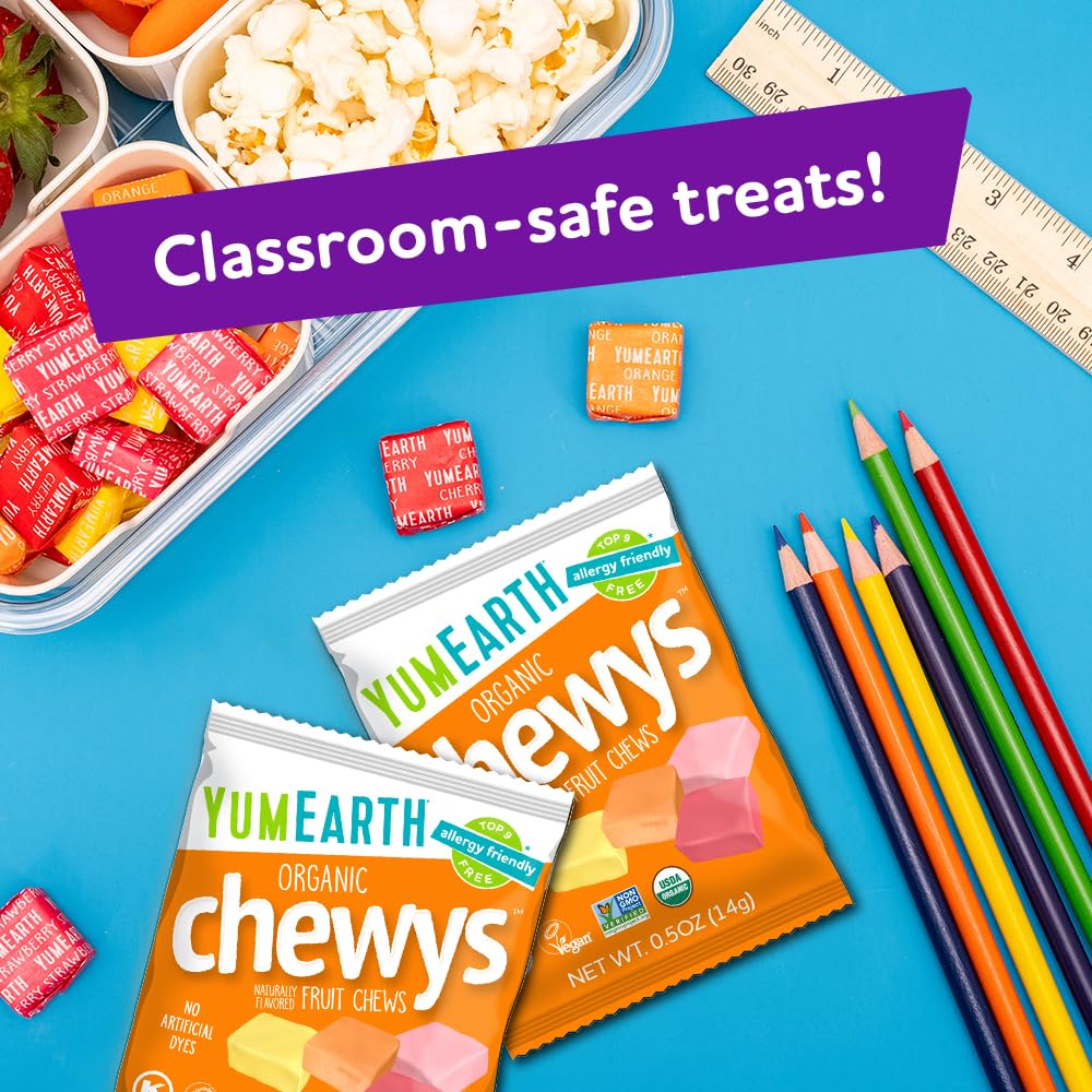 YumEarth Organic Chewys Fruit Flavored Candy Chews - Allergy Friendly, Gluten Free, Non-GMO, Vegan, No Artificial Dyes - Assorted Flavors, 7.5 oz.