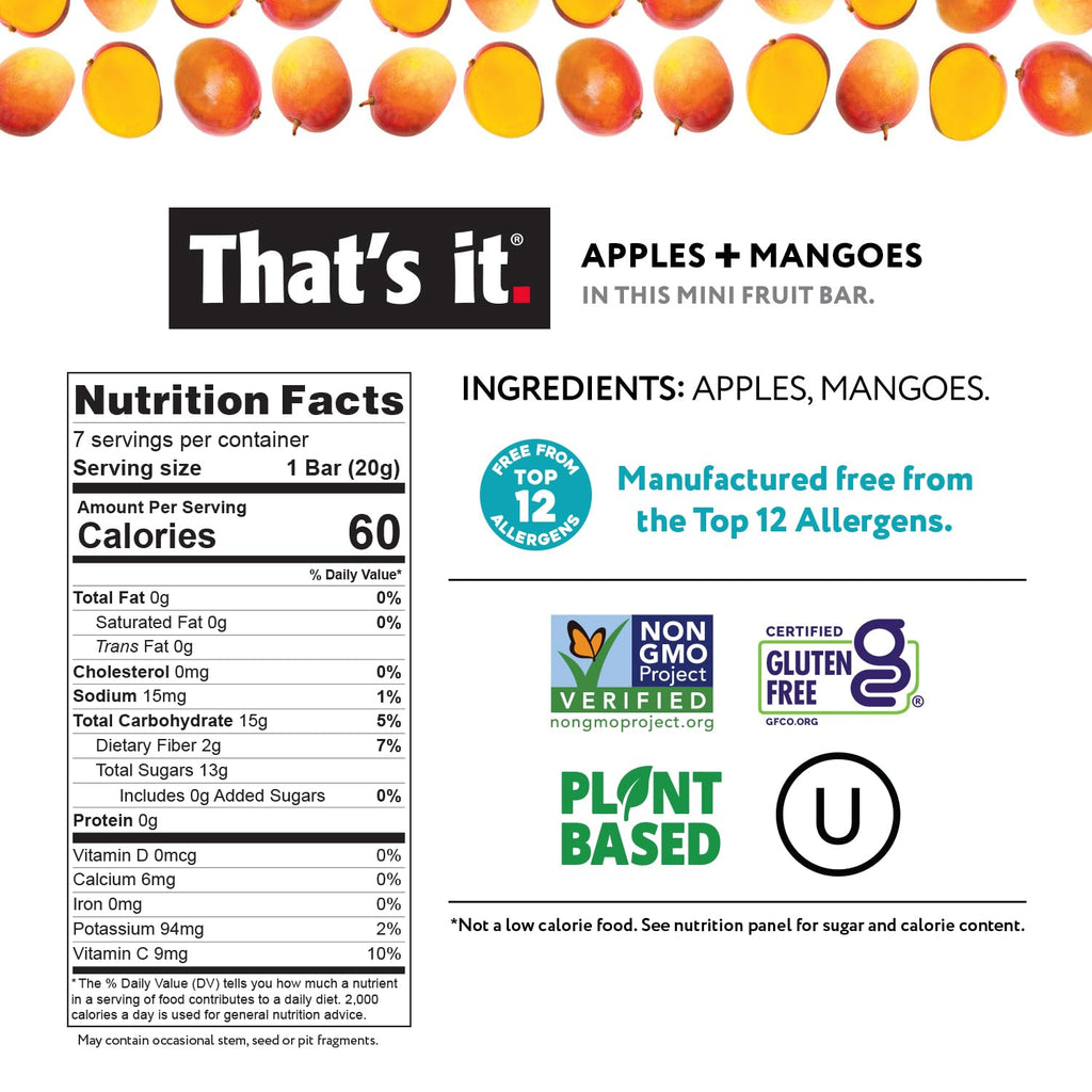That's it. Mini Fruit Bars (Variety 35 Pack) No Sugar Added, Plant-Based, Vegan & Gluten Free, Breakfast Bar, Paleo, for Children & Adults, Non GMO, Fiber (7 Blueberry, 7 Cherry, 7 Fig, 7 Mango, 7 Strawberry)