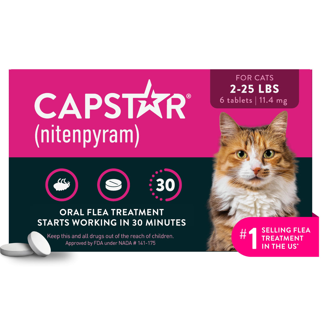 Capstar (nitenpyram) Cat Flea Treatment, Fast-Acting Oral Flea Treatment for Cats 2-25 lbs, Vet-Recommended Medication Tablets Start Killing in 30 Minutes, 6 Doses