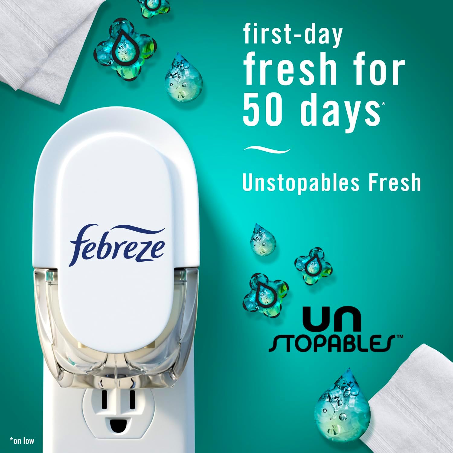 Febreze Plug in Air Freshener, Odor-Fighting Scented Oil Refill, Air Fresheners for Home and Bathroom and Kitchen, Long Lasting for Strong Odors, Unstopables Fresh Scent, 0.87oz Refills, 3 Count
