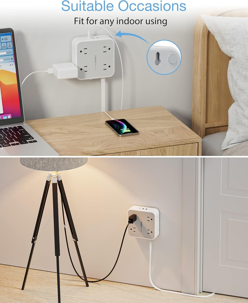 TESSAN Surge Protector Power Strip, 5 Ft Flat Plug Extension Cord with 3 USB (1 USB C) 8 Outlets, 1250W, 900J Protection, 3 Sided Outlet Extender with Power Switch for Office, Dorm Room Essentials