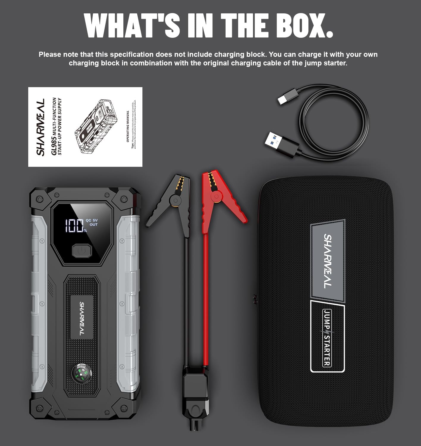 Sharmeal Car Jump Starter 3000A, Jump Starter Battery Pack for 9.0L Gas and 7.0L Diesel, 12V Portable Jump Box with LED Light