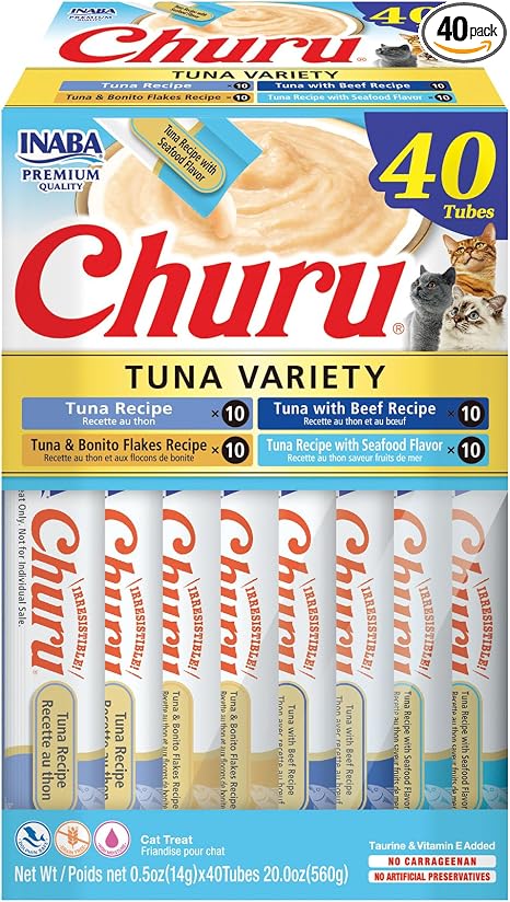 INABA Churu Cat Treats, Lickable, Squeezable Creamy Purée Cat Treat with Green Tea Extract & Taurine, 0.5 Ounces Each Tube, 40 Tubes, Tuna Variety Box