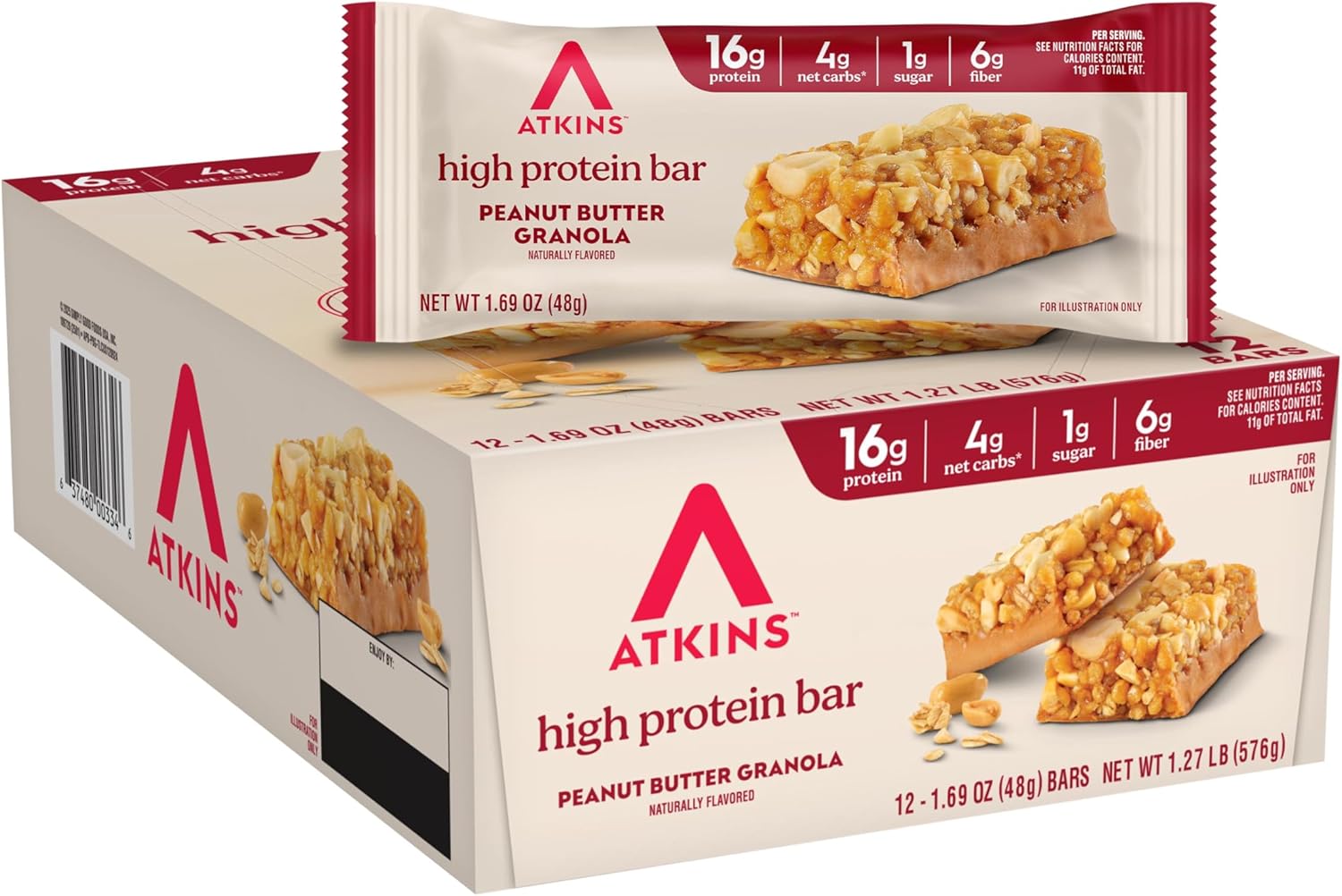 Atkins Peanut Butter Granola High Protein Bar, High Fiber Snack , 16g Protein, 1g Sugar, 4g Net Carb, Protein Snack, 12 Count